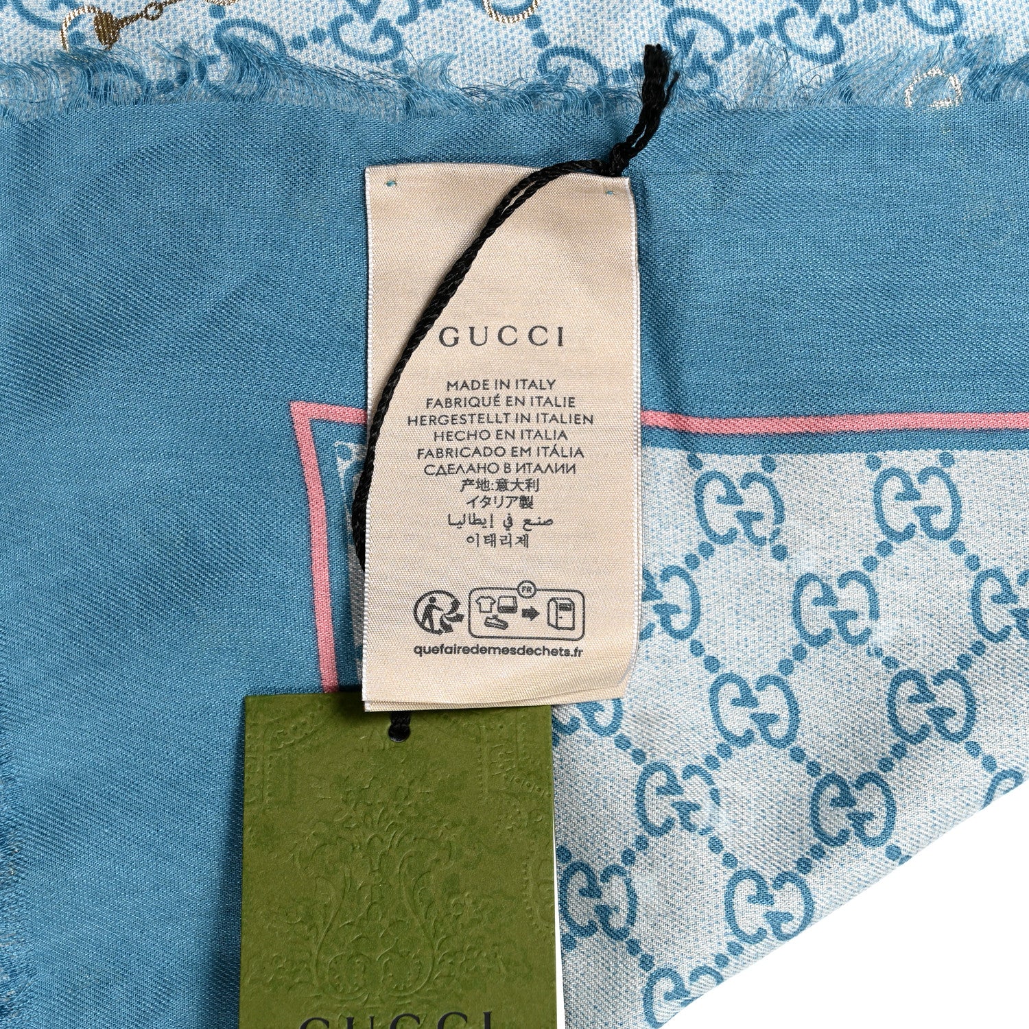 Gucci Modal Silk GG Monogram Big Gold Horsebit Fringe Shawl Bluette Pink 4 of 5