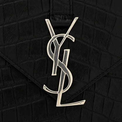 Saint Laurent Calfskin Crocodile Embossed Large Monogram Envelope Chain Shoulder Bag Black 11 of 12
