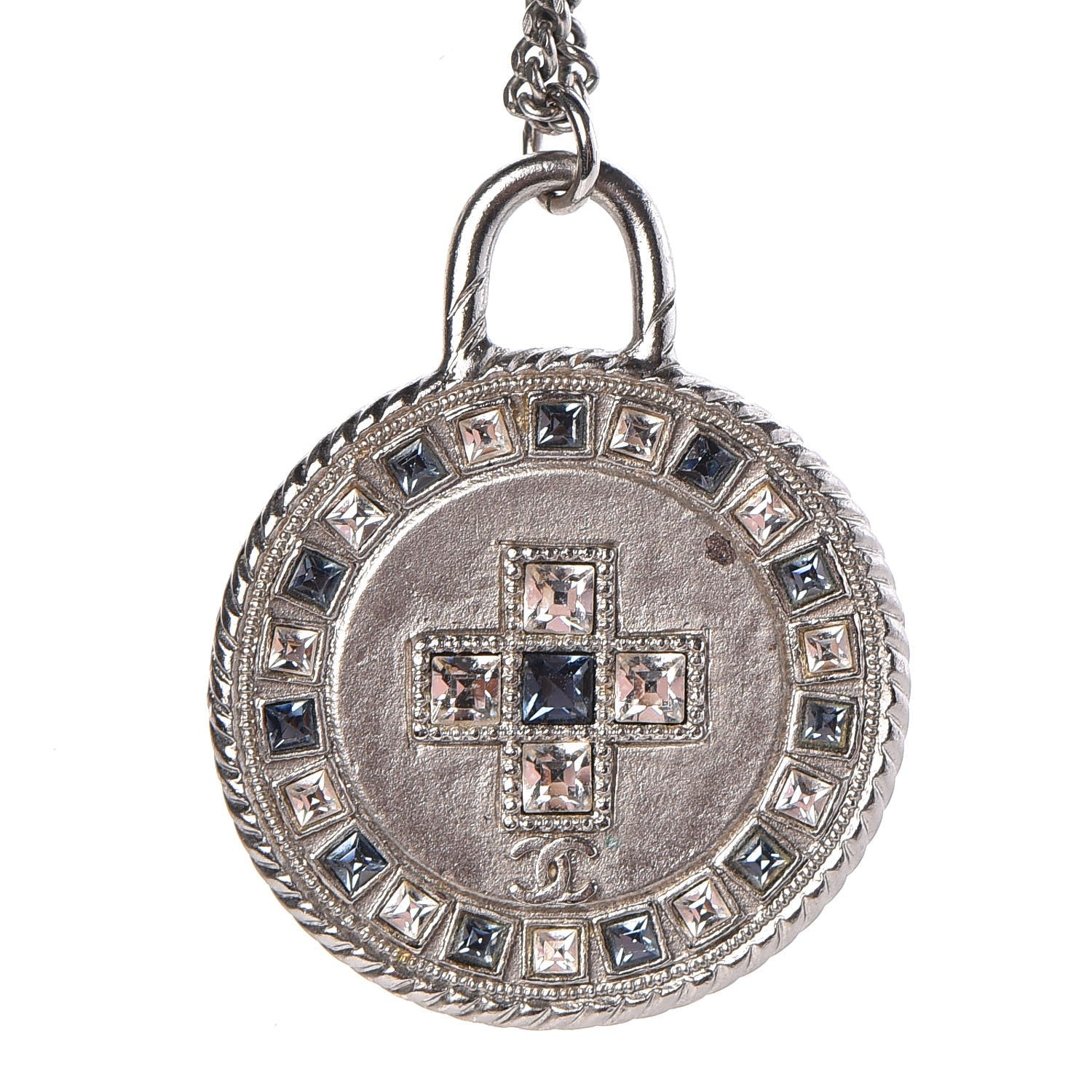 Chanel Crystal CC Medallion Necklace Silver Light Blue 4 of 7