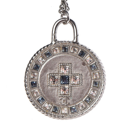 Chanel Crystal CC Medallion Necklace Silver Light Blue 4 of 7