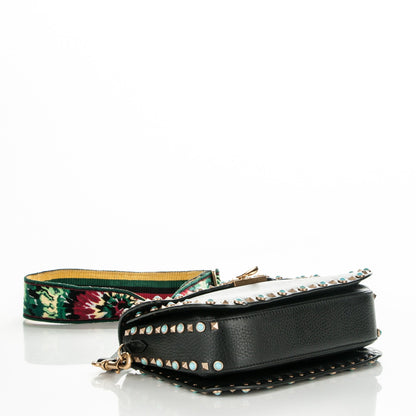 Valentino Garavani Pebbled Calfskin Turquoise Medium Guitar Strap Rockstud Rolling Flap Saddle Bag Black 4 of 7
