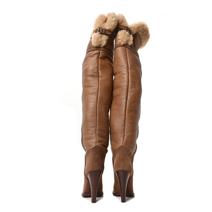 Saint Laurent Suede Calfskin Shearling Tomcat Over The Knee Boots 37 Cognac 4 of 7
