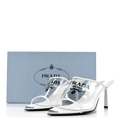 Prada Plexiglass Calfskin Metal Triangle Logo 75mm Slide Sandals 39.5 White 11 of 11