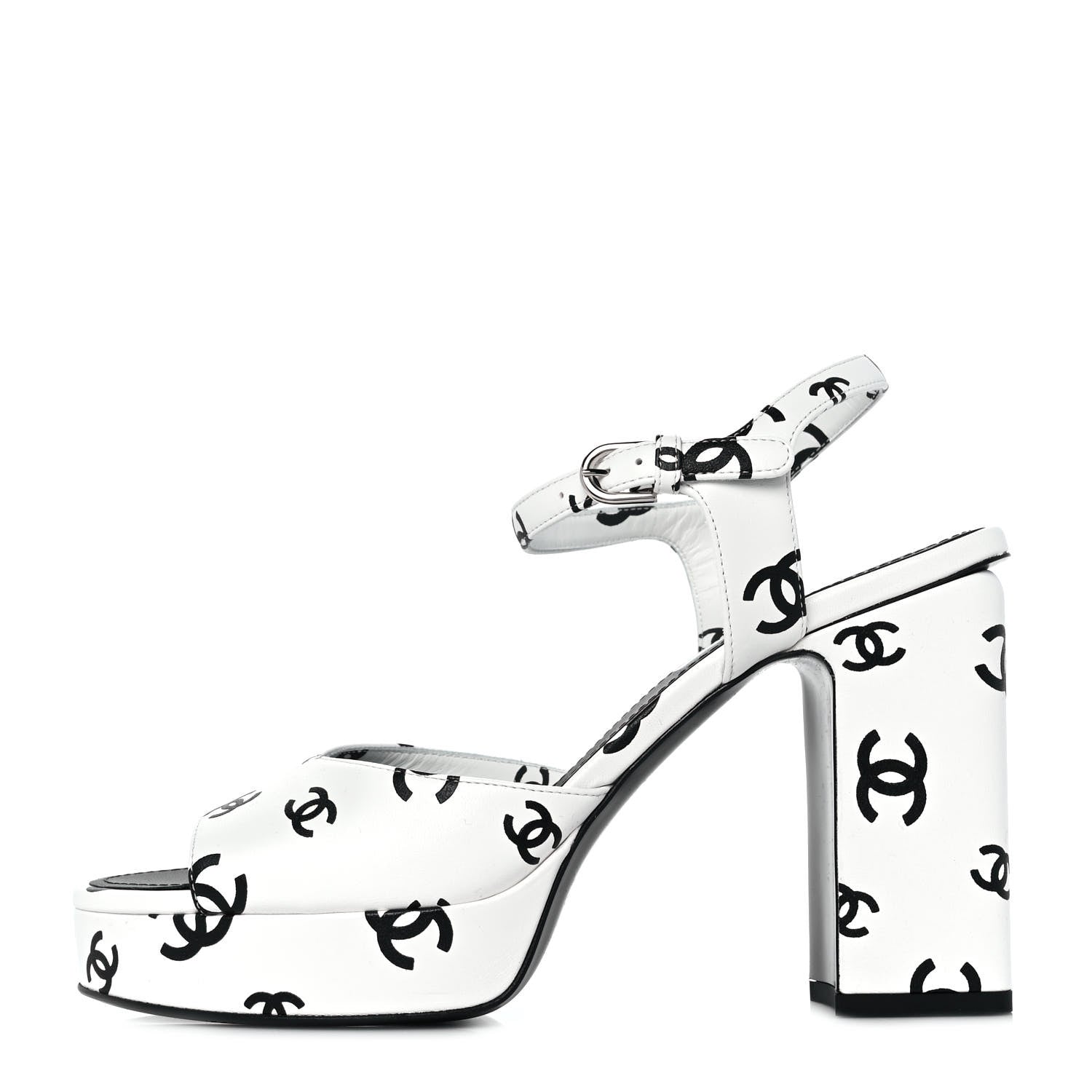 Chanel Printed Lambskin Coco Beach Platform Sandals 40 White Black 1 of 9