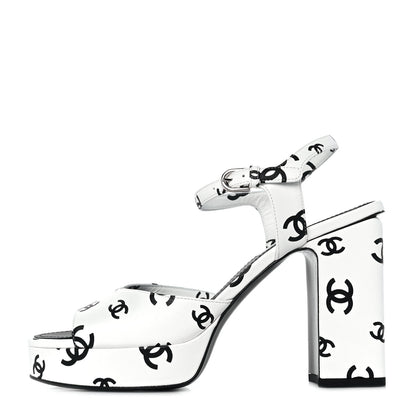 Chanel Printed Lambskin Coco Beach Platform Sandals 40 White Black 1 of 9