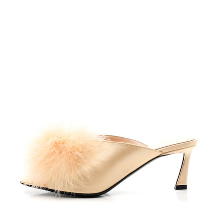 Saint Laurent Crepe Satin Blanco 60 Feathered Mule Sandals 37.5 Beige 1 of 9