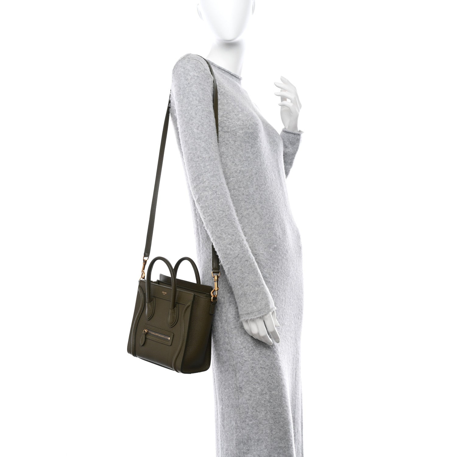 Celine Drummed Calfskin Nano Luggage Dark Olive 2 of 13