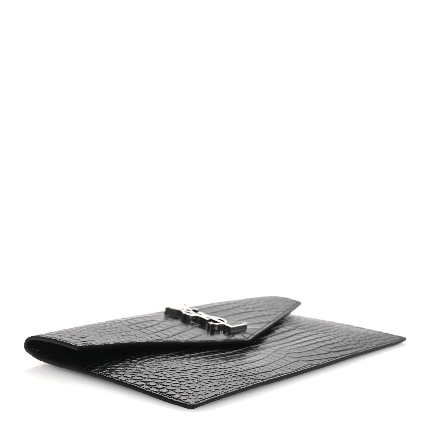 Saint Laurent Calfskin Crocodile Embossed Uptown Monogram Clutch Black 4 of 8