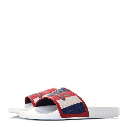 Gucci Canvas Sylvie Stripe Logo Pursuit Slide Sandals 40 Mystic White Hibiscus Red Maritime 3 of 6