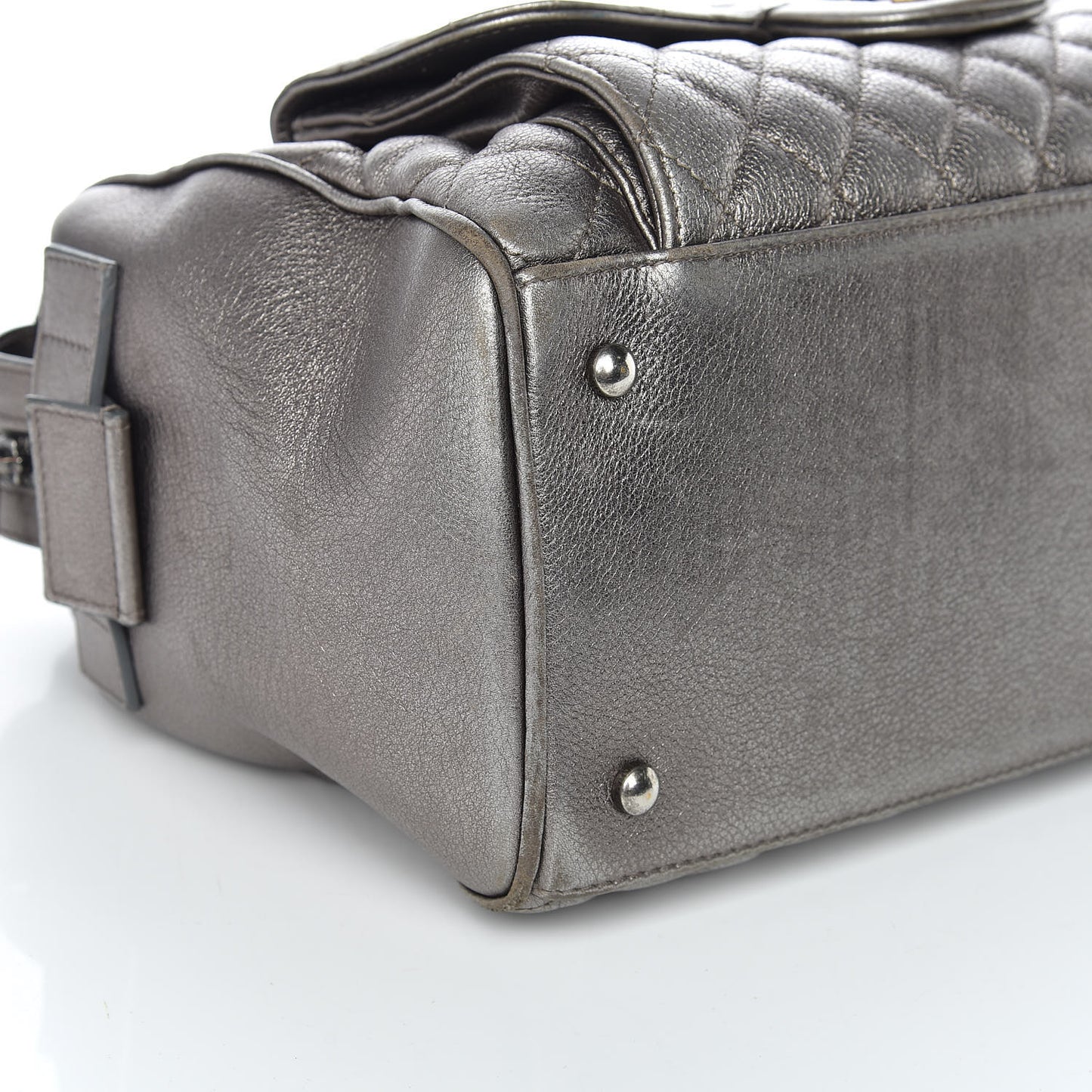 Metallic Grained Calfskin Quilted Large Casual Pocket Bowling Bag Silver