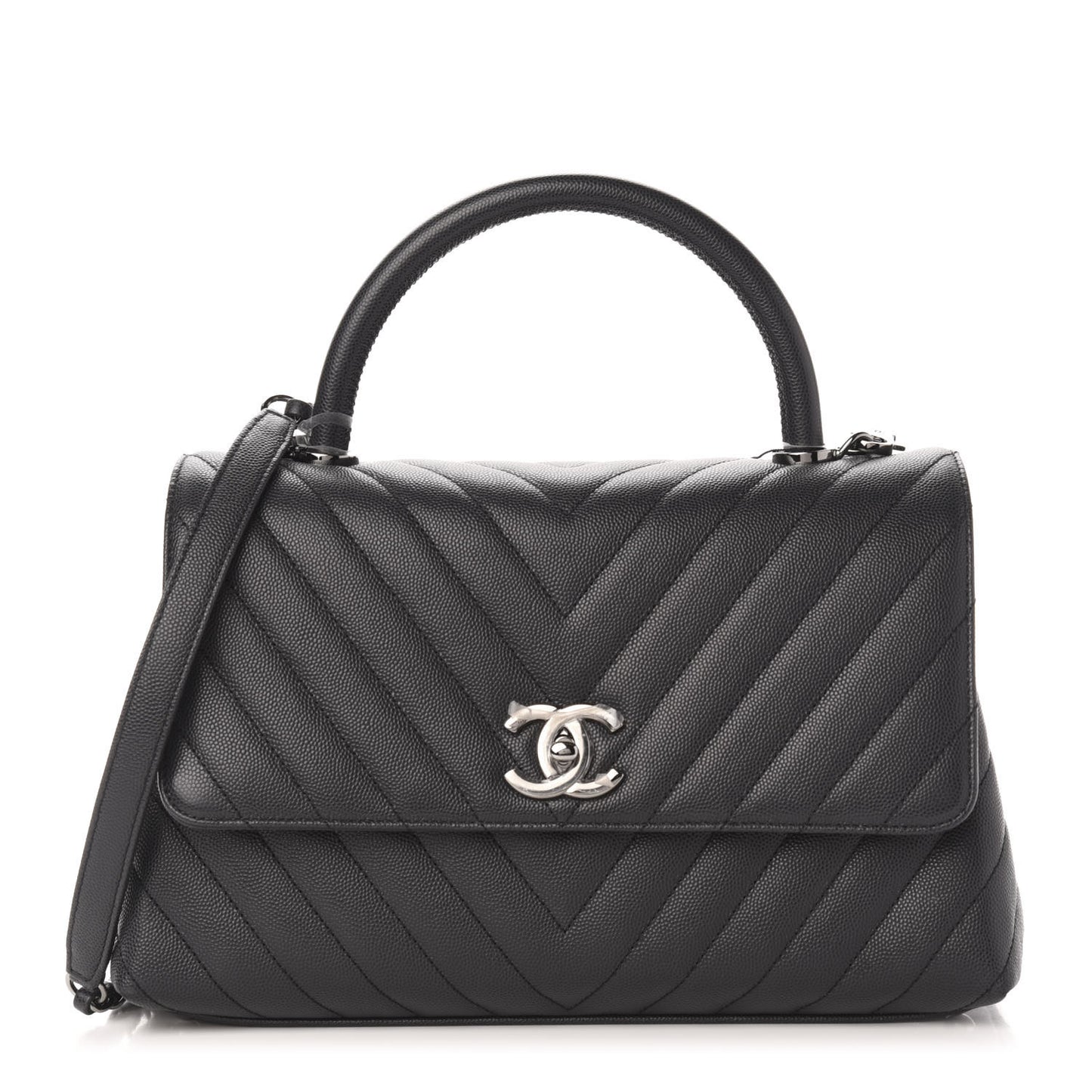 Caviar Chevron Quilted Small Coco Handle Flap Black