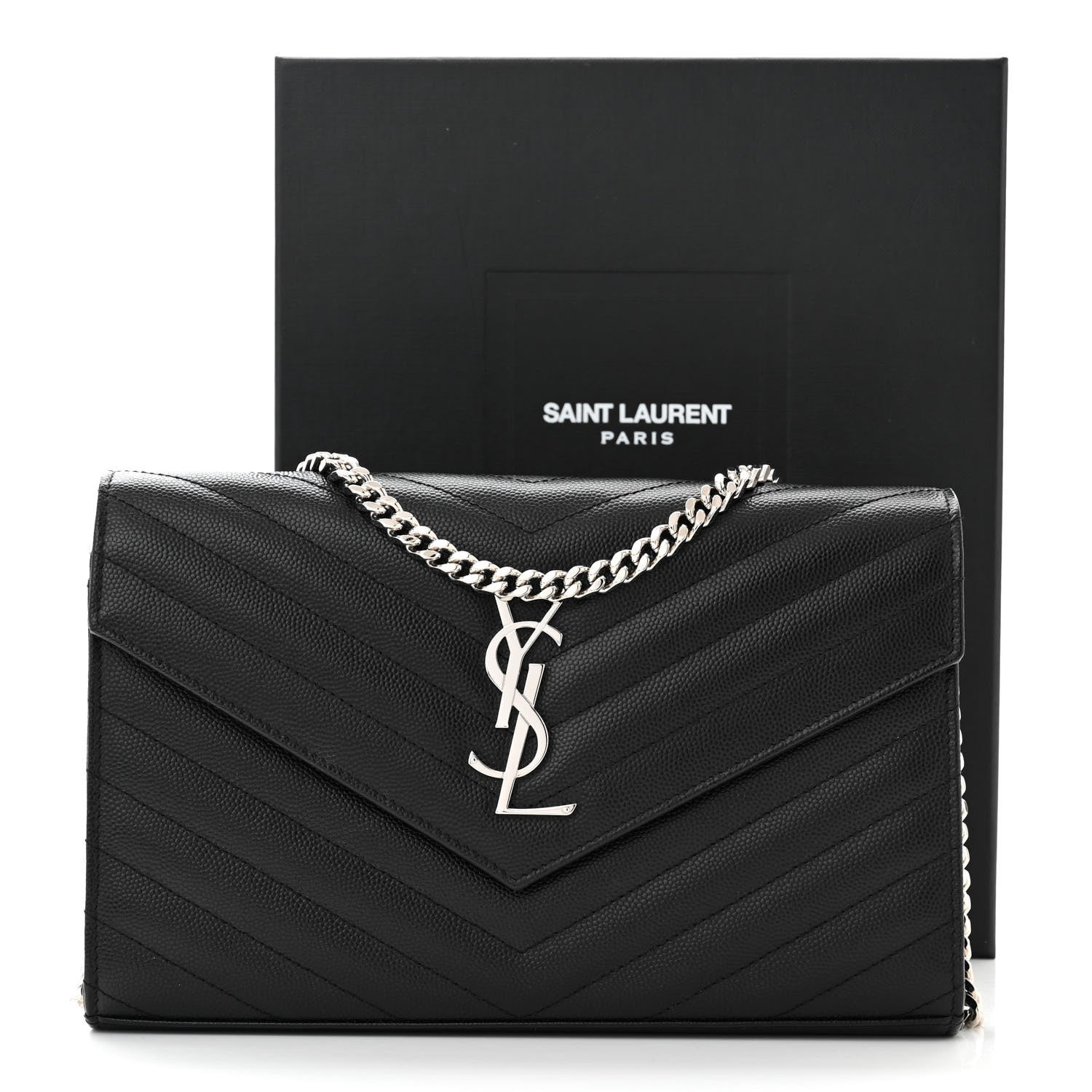 Saint Laurent Grain De Poudre Matelasse Chevron Monogram Chain Wallet Black 12 of 12