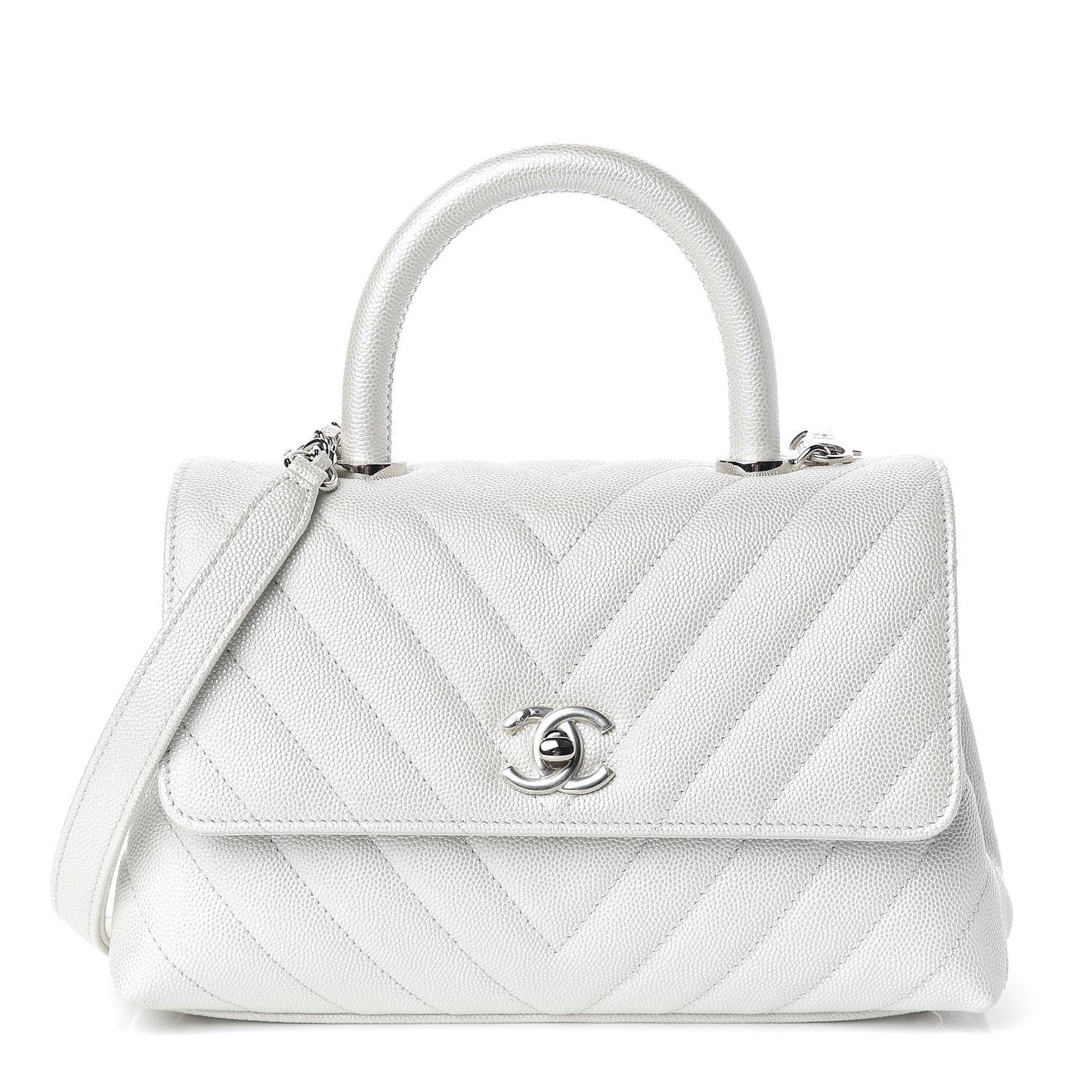 Iridescent Caviar Chevron Quilted Mini Coco Handle Flap White