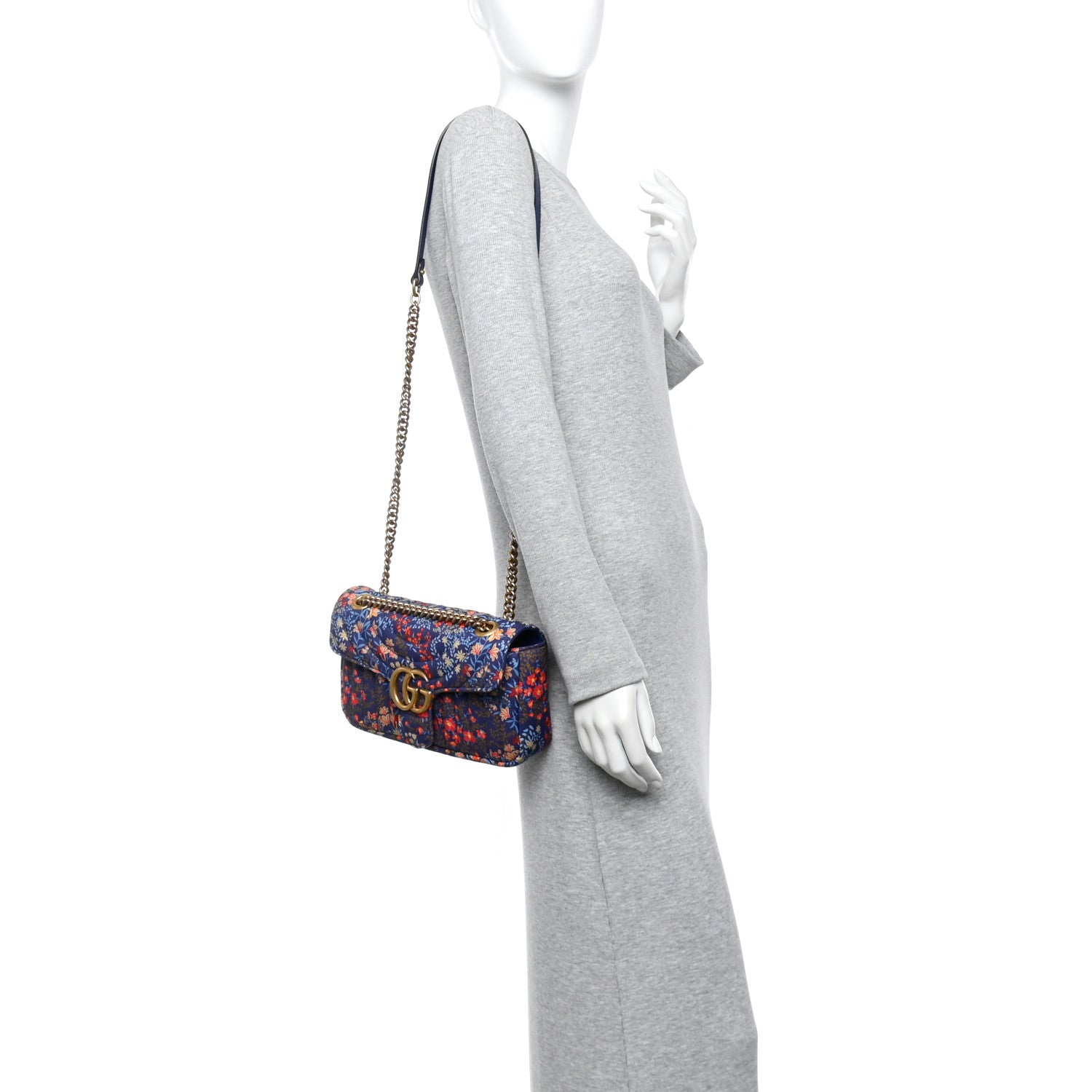 Gucci Cotton Calfskin Matelasse Floral Print Small GG Marmont Shoulder Bag Blue Red Deep Ocean Blue 2 of 10