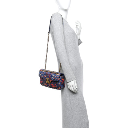 Gucci Cotton Calfskin Matelasse Floral Print Small GG Marmont Shoulder Bag Blue Red Deep Ocean Blue 2 of 10