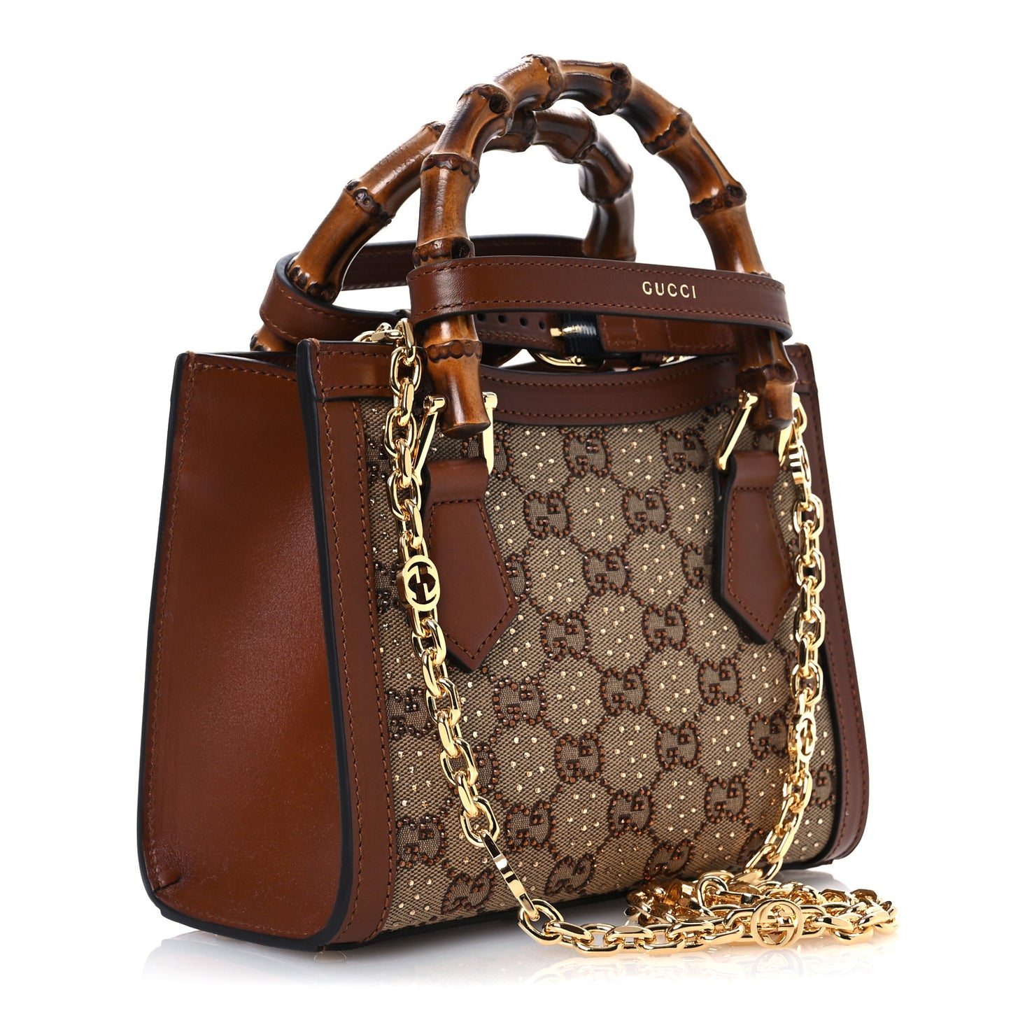 New Canvas Charisma Calfskin Crystal GG Monogram Mini Diana Tote Bag Camel Ebony