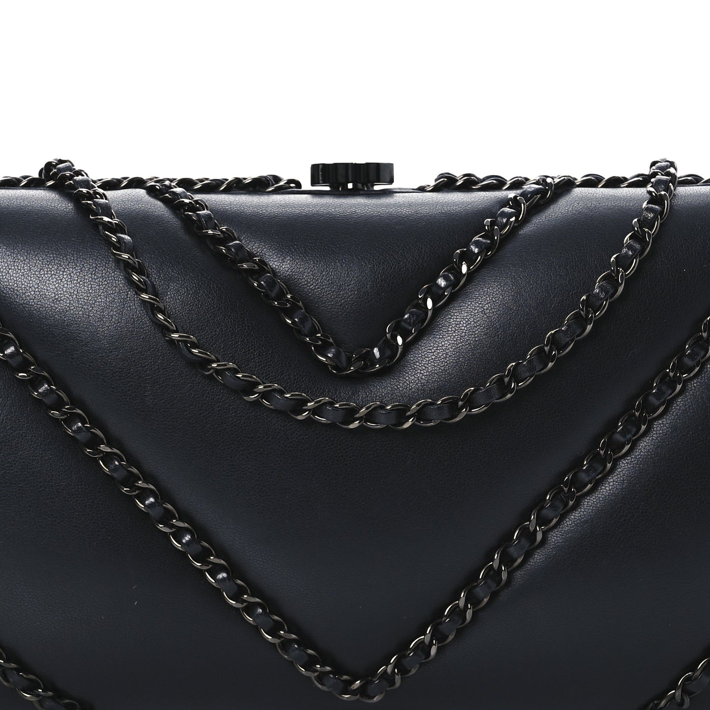 Lambskin Chevron Quilted Chain Around Clutch Black