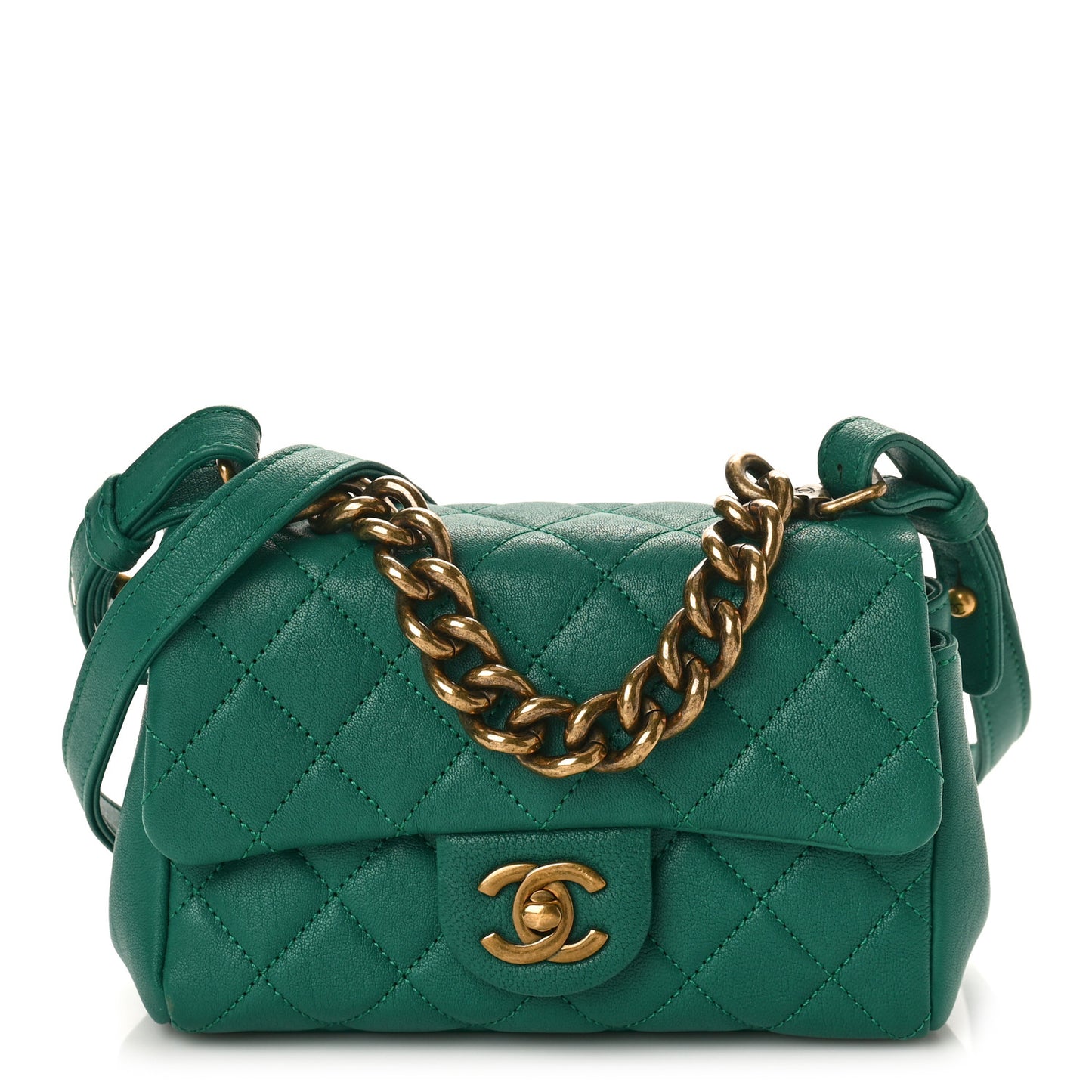 Shiny Sheepskin Quilted Mini Trapezio Flap Green