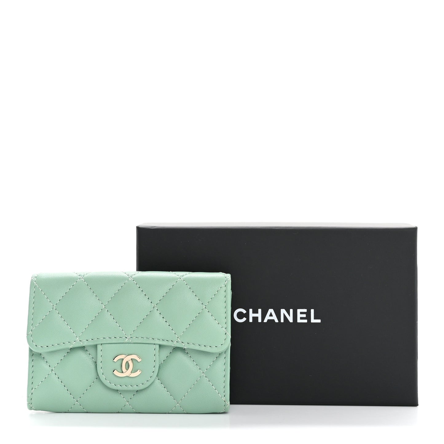 Lambskin Quilted Flap Card Holder Wallet Green