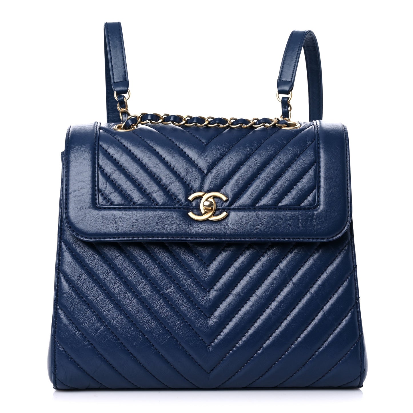 Aged Calfskin Chevron Quilted Backpack Navy