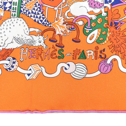 Hermes Silk La Folle Parade Scarf 90 Orange White Mauve 3 of 4