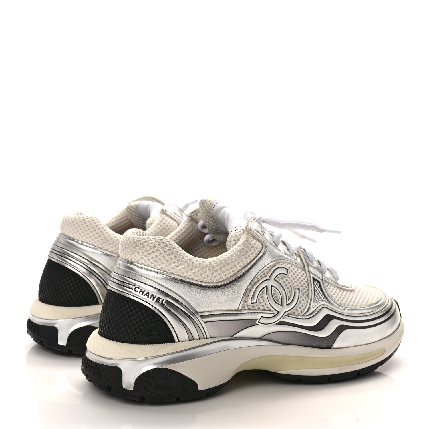 Chanel Fabric Laminated Calfskin Stretch CC Sneakers 40.5 White Silver 4 of 10