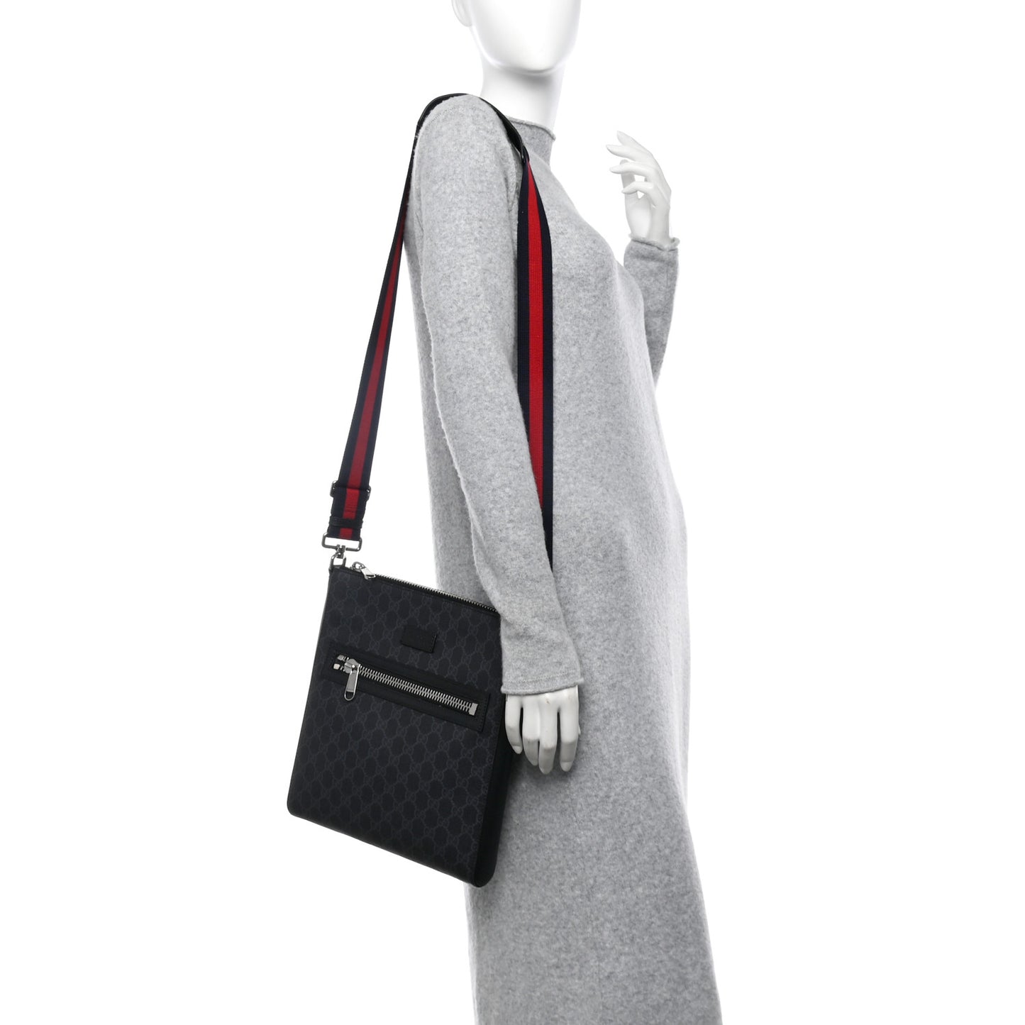 GG Supreme Monogram Appia Calfskin Web Flat Messenger Bag Black Grey