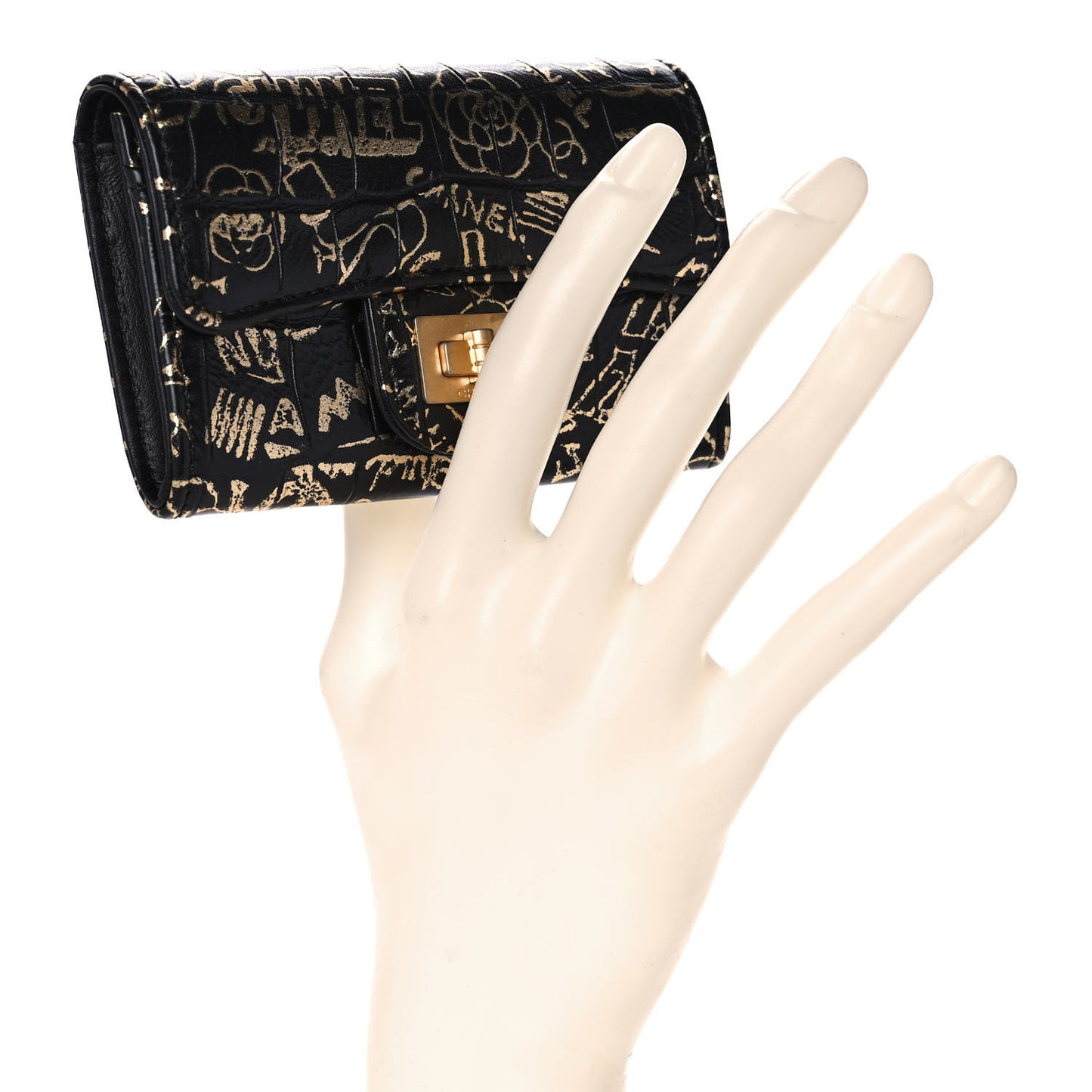 Calfskin Crocodile Embossed Graffiti 2.55 Cocodile Reissue Flap Card Holder Black Gold