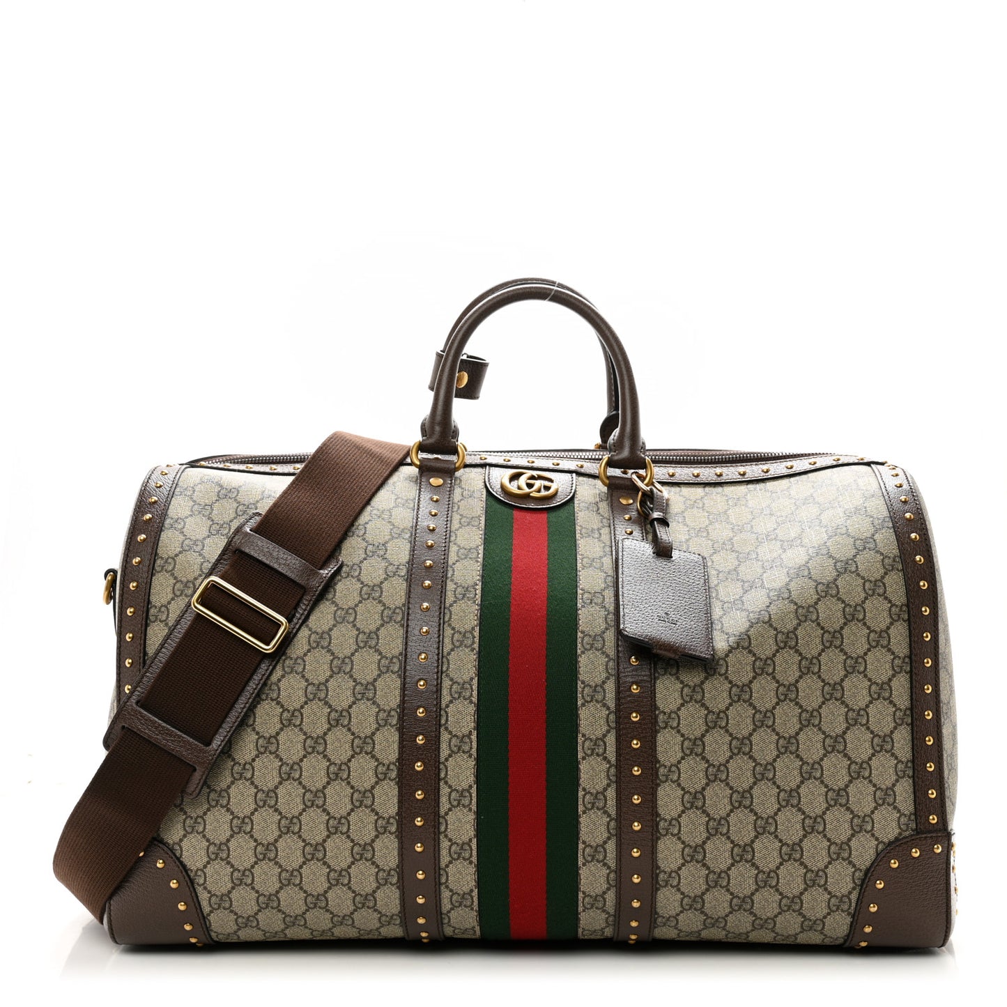 GG Supreme Monogram Textured Dollar Calfskin Web Studded Large Savoy Duffle Bag Beige Ebony