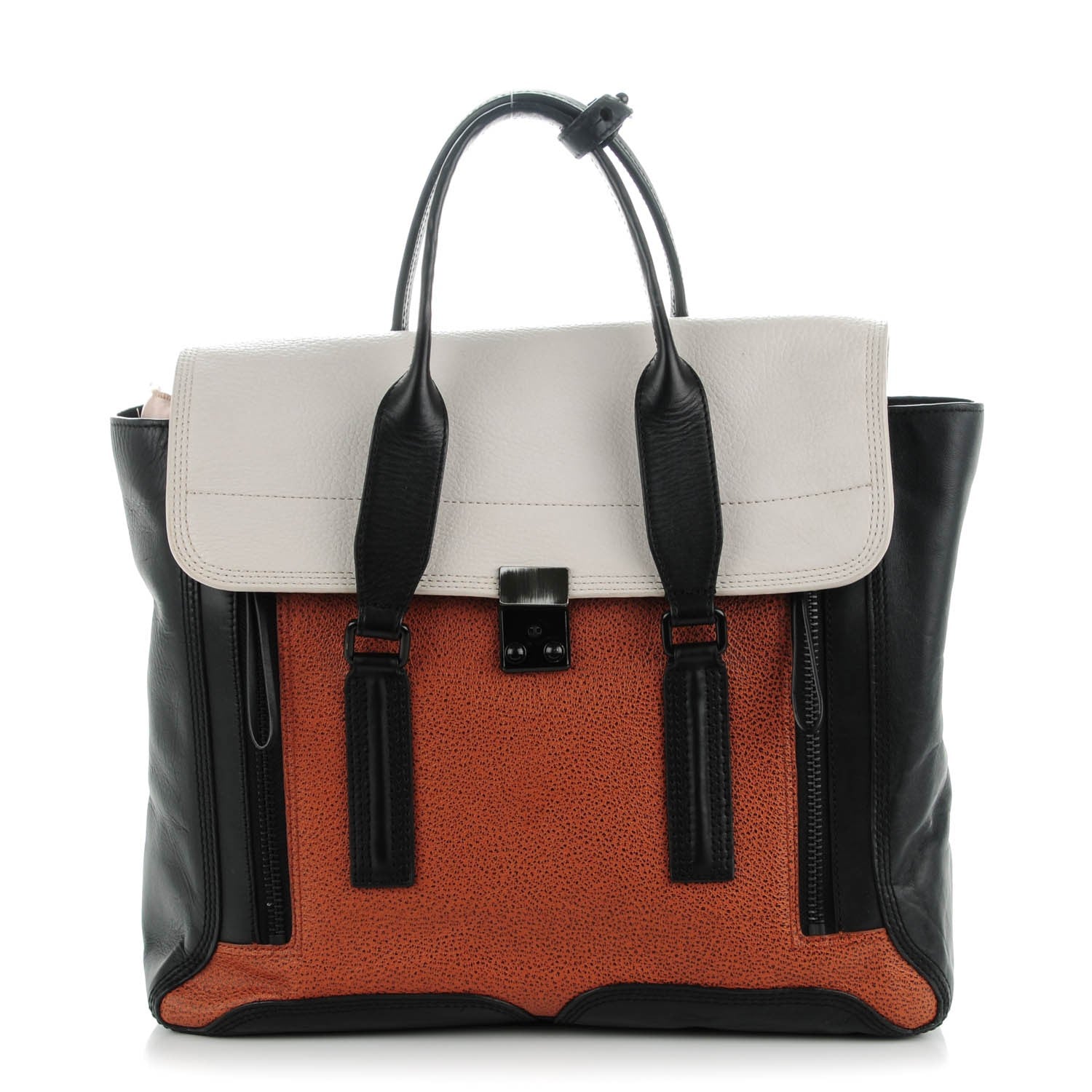 3.1 Phillip Lim 3.1 Textured Calfskin Large Colorblock Pashli Satchel Copper 1 of 11