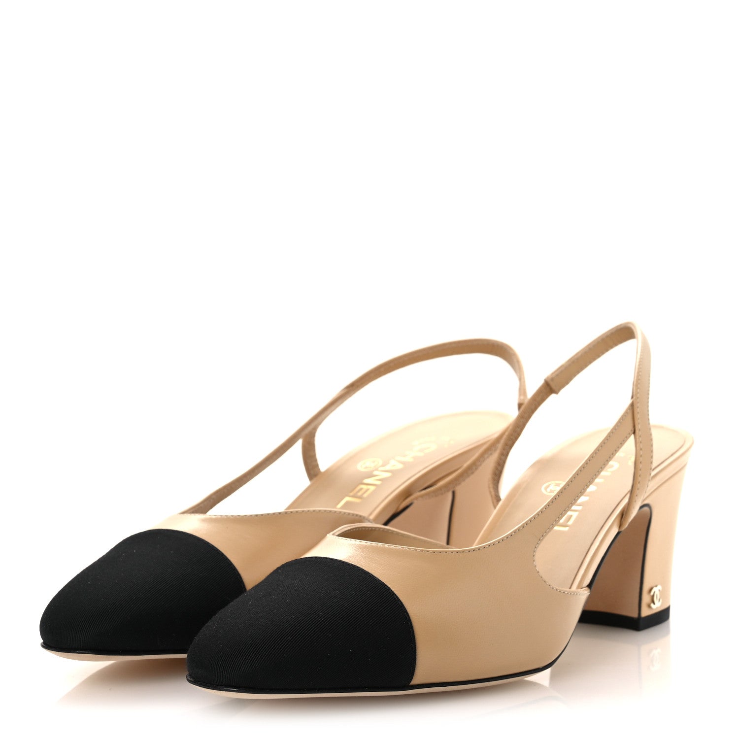 Chanel Goatskin Grosgrain Cap Toe CC Slingback Pumps 40 Beige Black 4 of 11