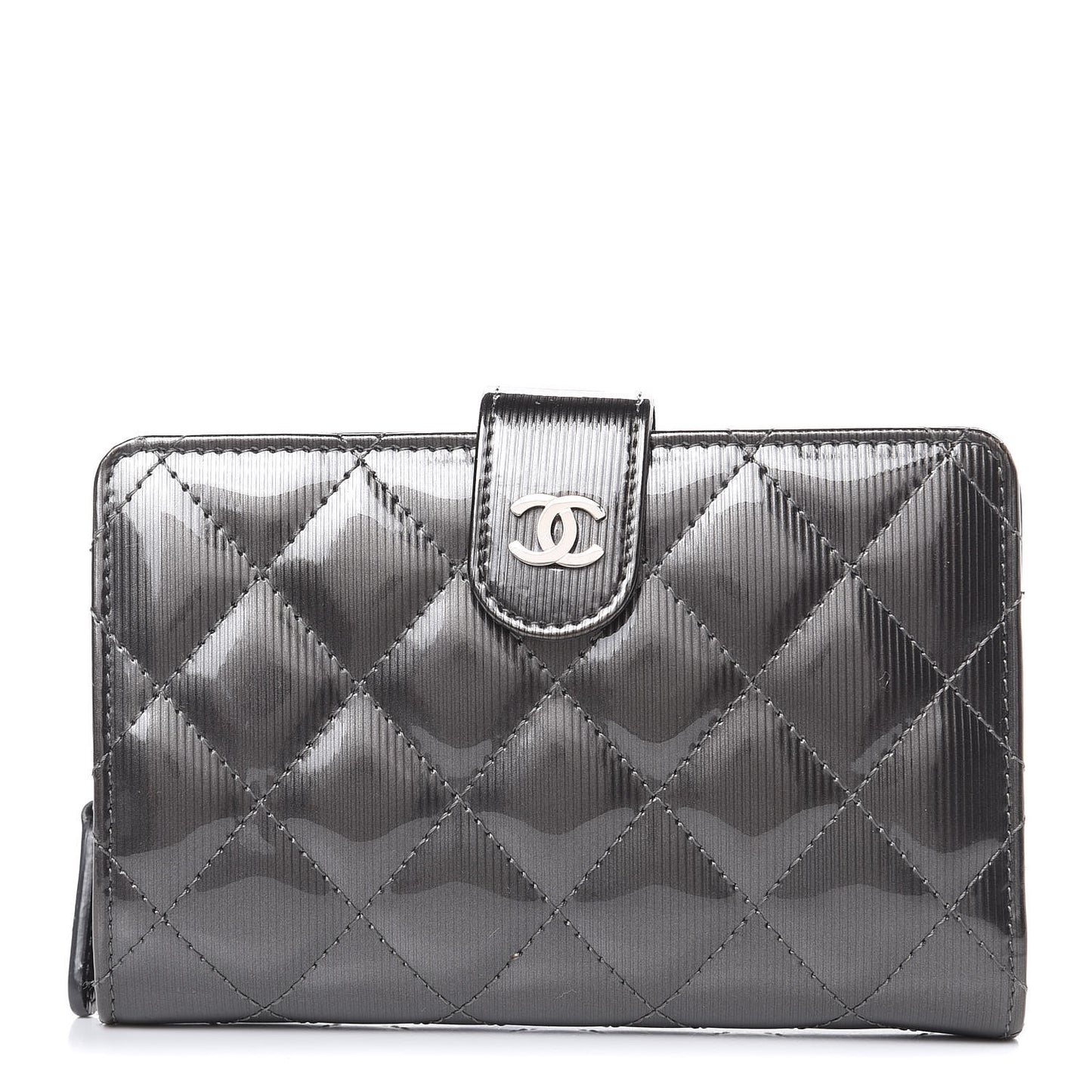 Striated Patent Quilted Zipped Pocket Wallet Dark Grey