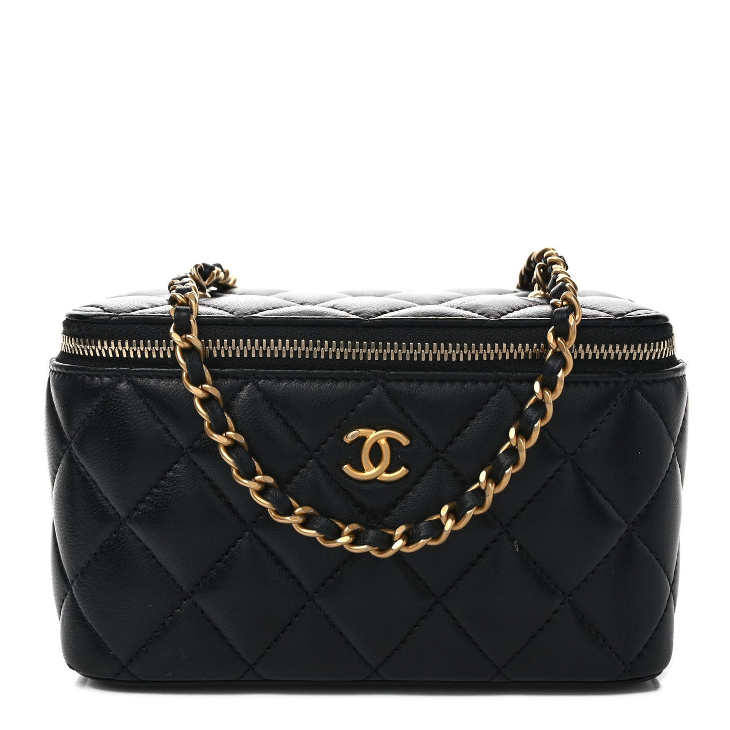 Lambskin Quilted Small Pearl Crush Vanity Case With Chain Black
