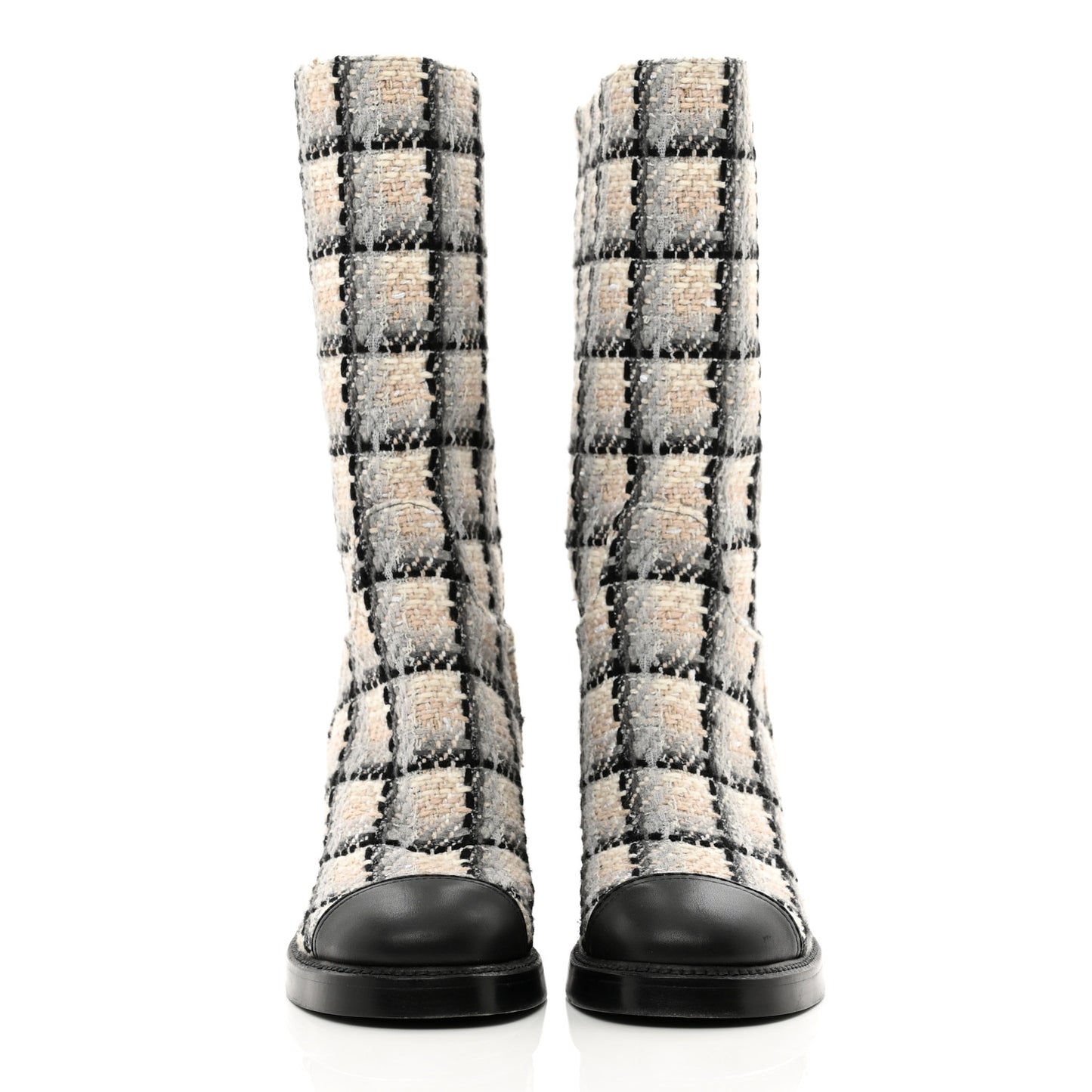 Wool Tweed Calfskin Cap Toe High Boots 36 Black Ivory Beige Grey