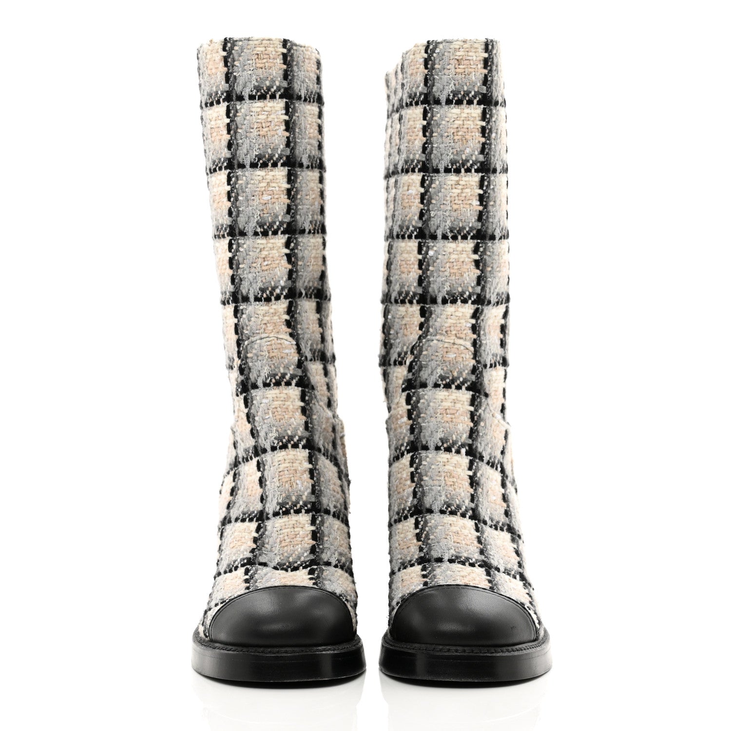 Chanel Wool Tweed Calfskin Cap Toe High Boots 36 Black Ivory Beige Grey 2 of 9