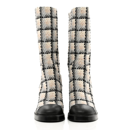 Chanel Wool Tweed Calfskin Cap Toe High Boots 36 Black Ivory Beige Grey 2 of 9