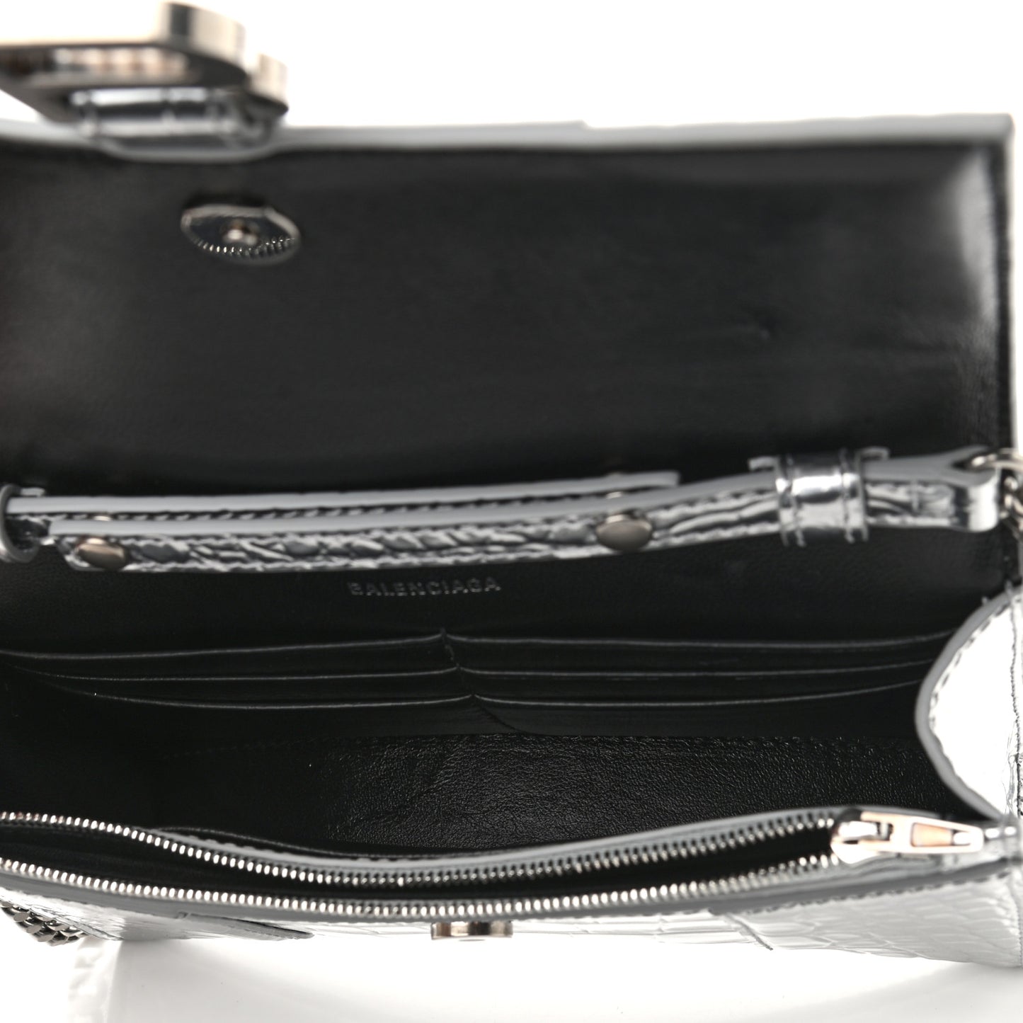 Metallic Calfskin Crocodile Embossed Hourglass Chain Bag Silver