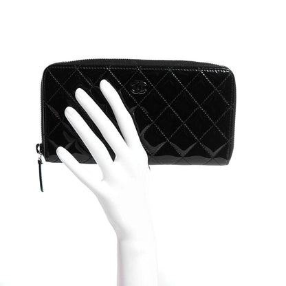 Chanel Patent Calfskin Quilted Large Gusset Zip Around Wallet Black 2 of 8