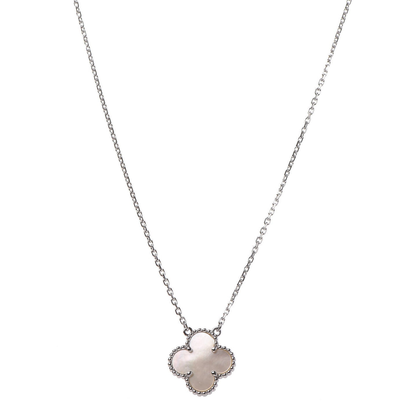 18K White Gold Mother of Pearl Vintage Alhambra Pendant Necklace