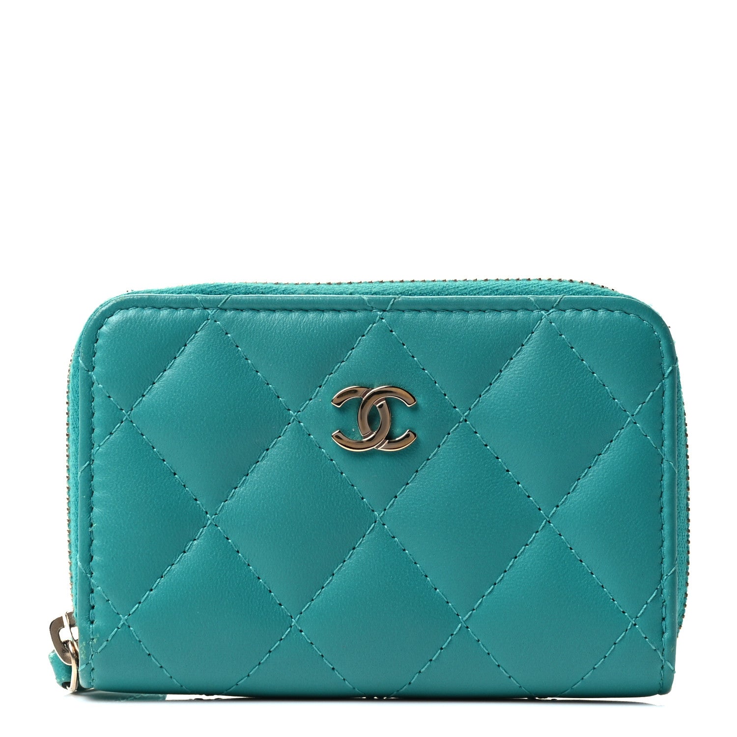 Chanel Lambskin Quilted Zip Around Coin Purse Wallet Turquoise 1 of 4