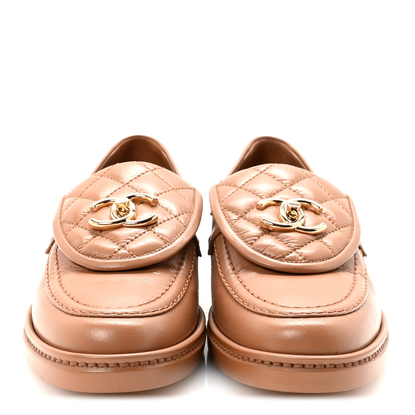 Crumpled Lambskin Quilted CC Turnlock Moccasins 37 Dark Beige