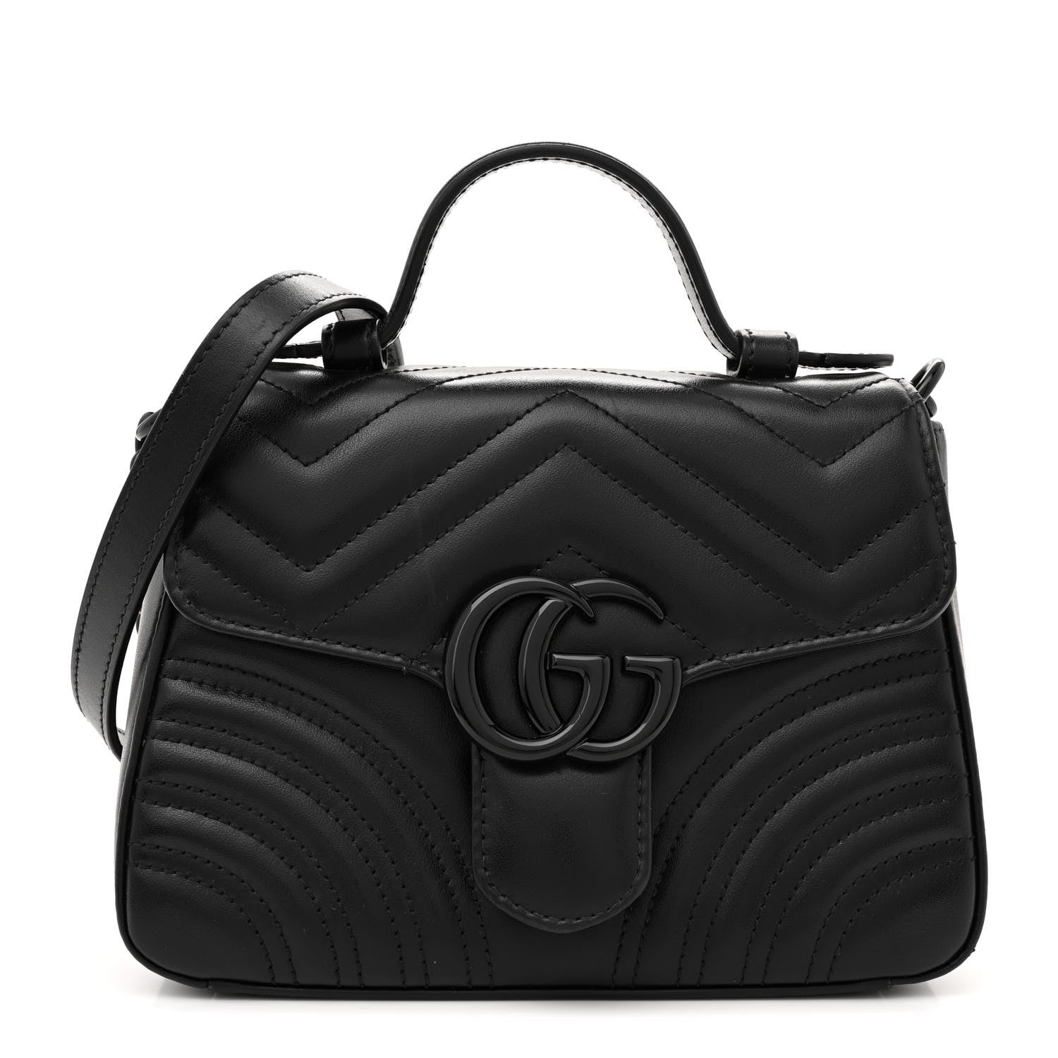 Gucci Calfskin Matelasse Monochrome GG Marmont Top Handle Shoulder Bag Black 1 of 13