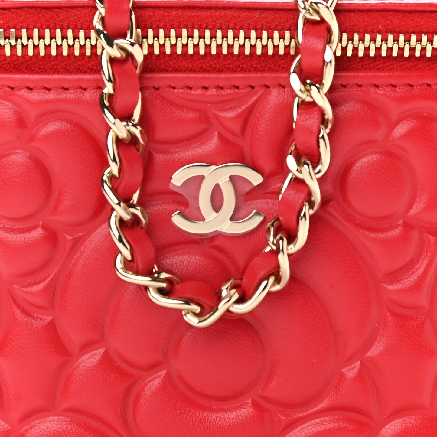 Lambskin Camellia Embossed Mini Vanity Case With Chain Red