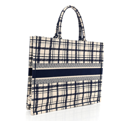 Christian Dior Canvas Embroidered Large Plaid Book Tote Navy 3 of 10