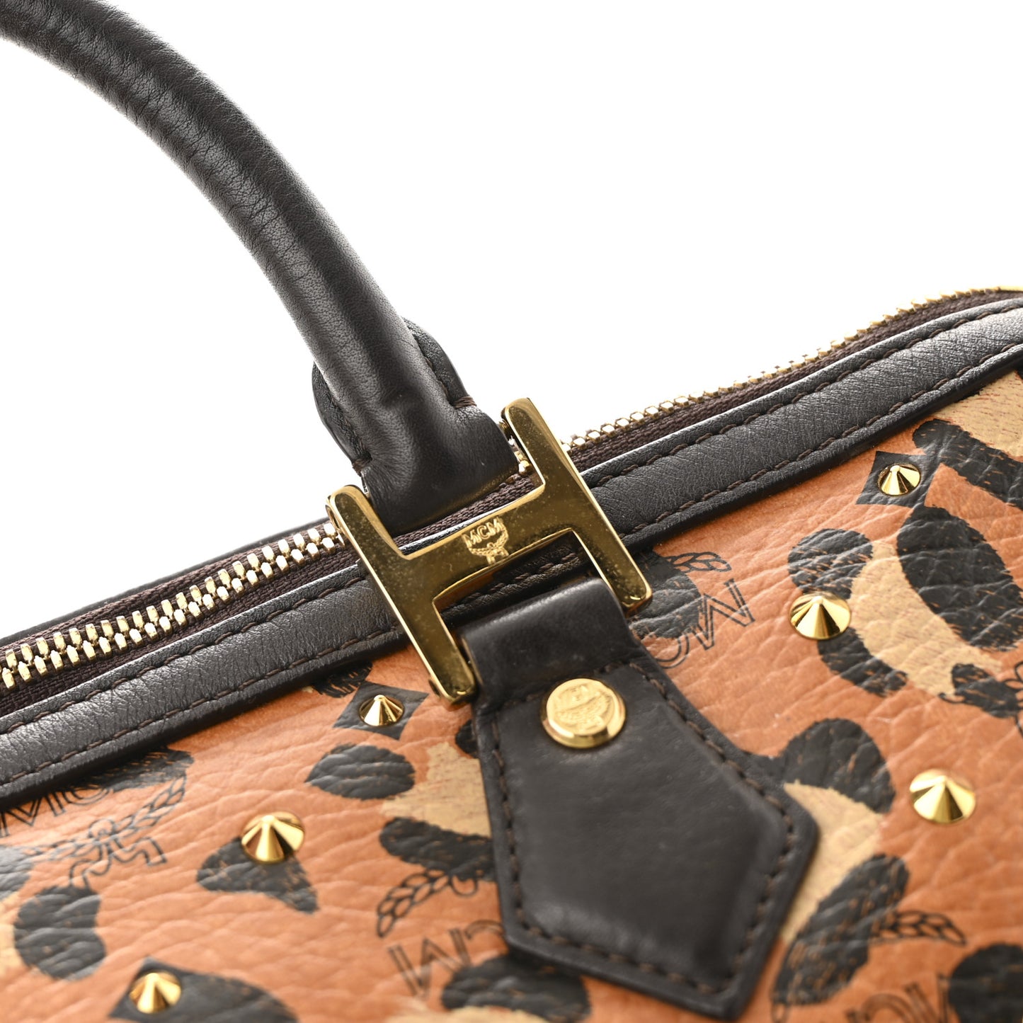 Visetos Leopard Print Boston Bag Cognac