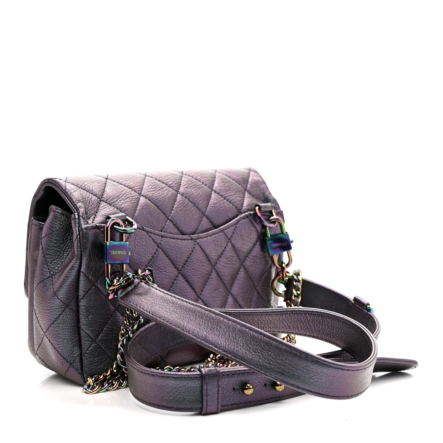 Chanel Iridescent Goatskin Quilted Small Double Carry Waist Chain Flap Purple 3 of 11