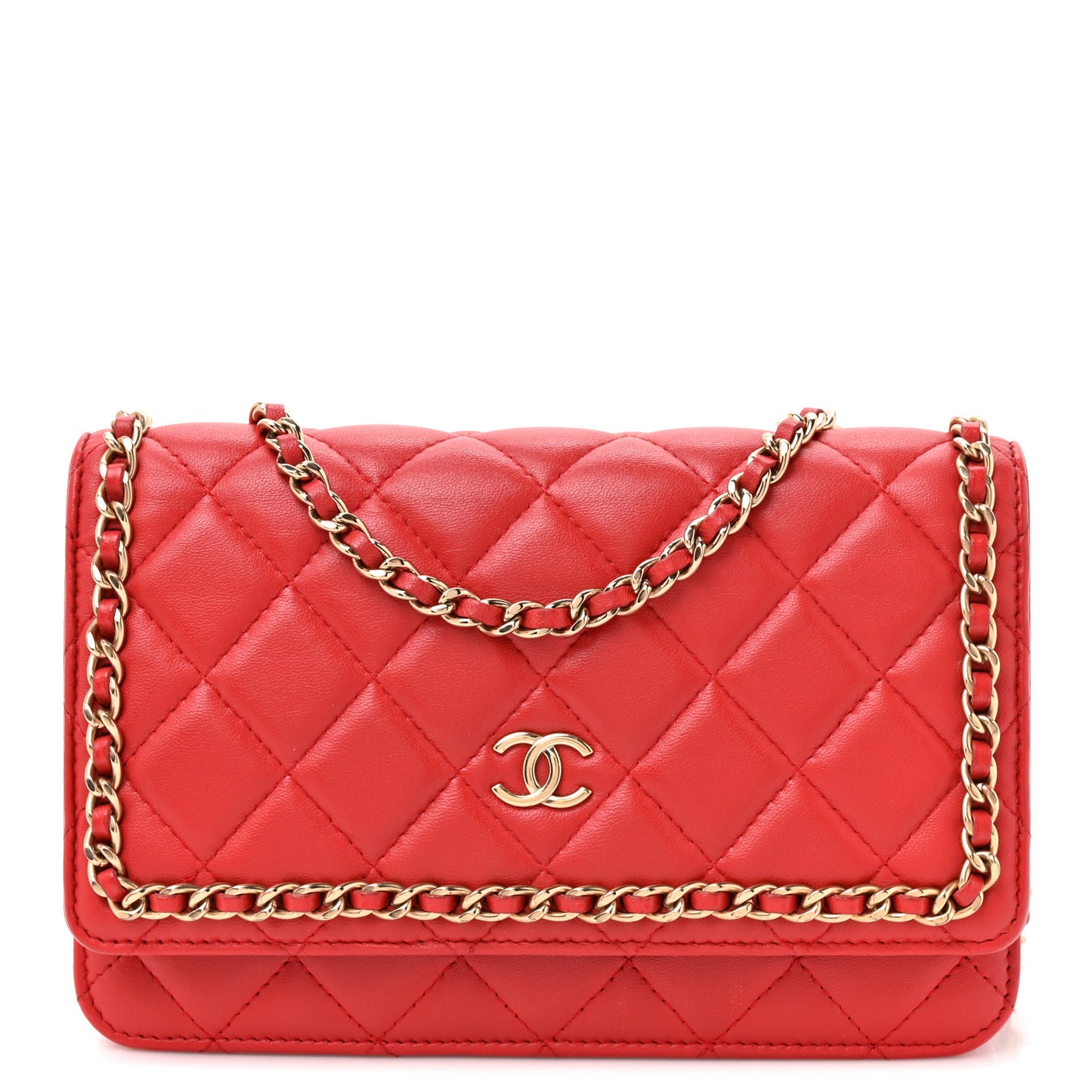 Lambskin Quilted Chain Around Wallet On Chain WOC Red