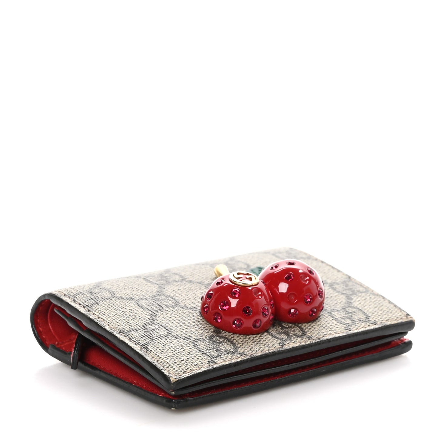 GG Supreme Monogram Cherry Embellished Card Case Wallet Hibiscus Red
