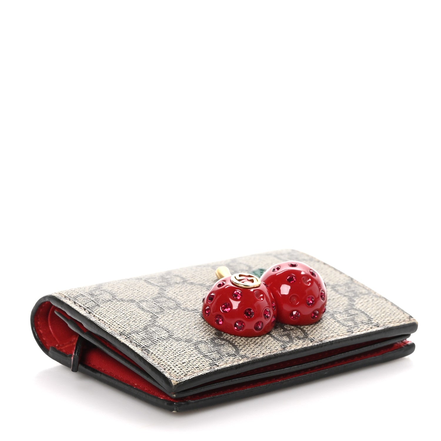 Gucci GG Supreme Monogram Cherry Embellished Card Case Wallet Hibiscus Red 4 of 8