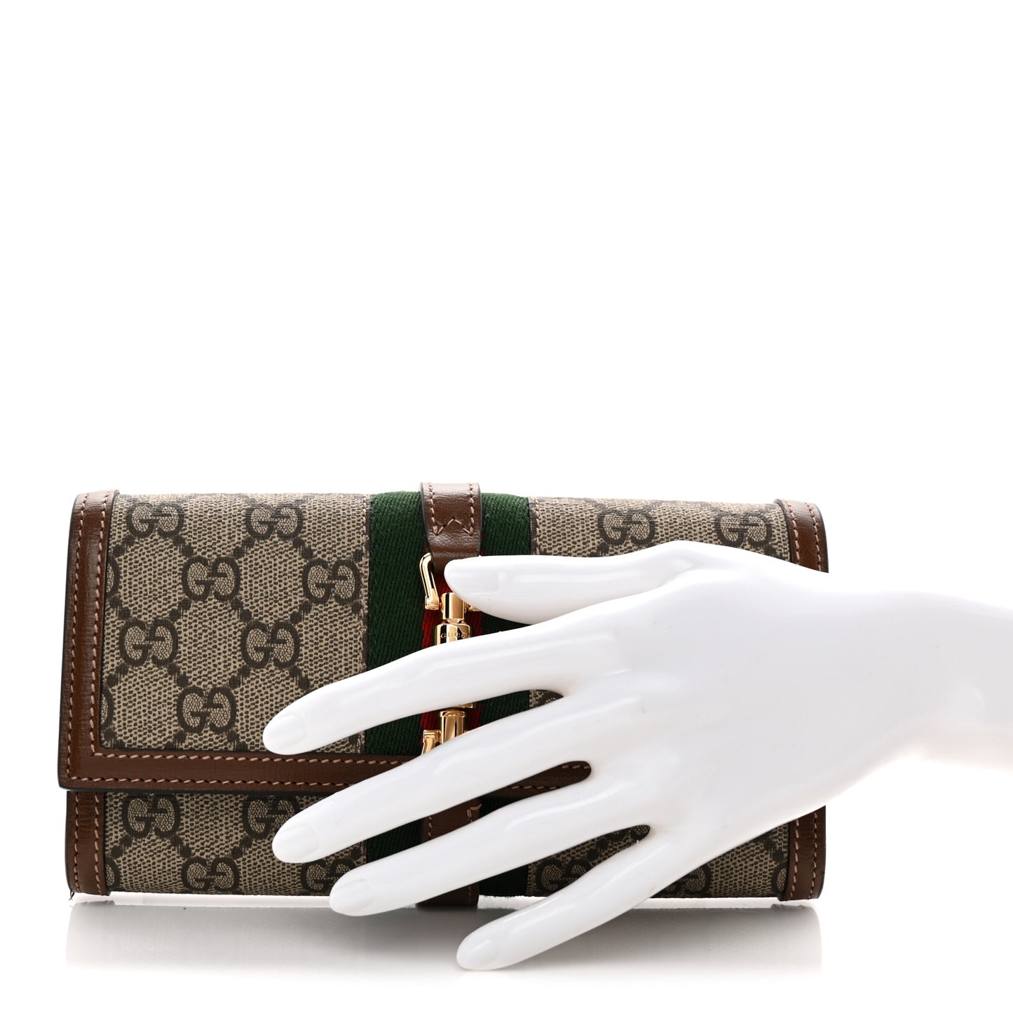 GG Supreme Monogram Azalea Calfskin Web Jackie 1961 Chain Wallet Beige Ebony Brown Sugar